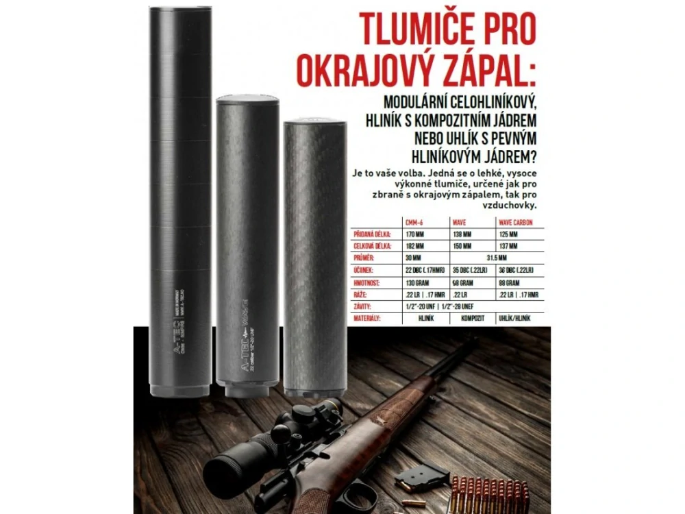 Tlumič A-TEC, model WAVE Carbon, pro malorážky, Ráže: .22LR