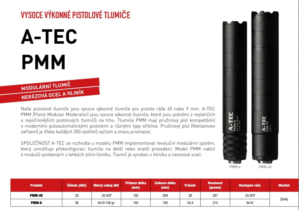 Tlumič A-TEC, PMM-6, modulový, impulzní pro pistole, ráže do 9mm, na závit M13,5x1mm LH
